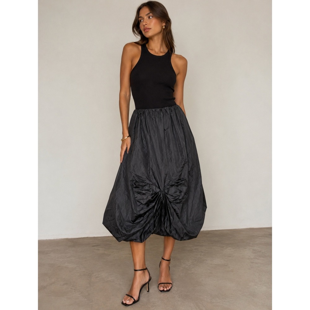 Zara Bubble midi skirt XS black NWT front bow taffeta Style 4764/500/800